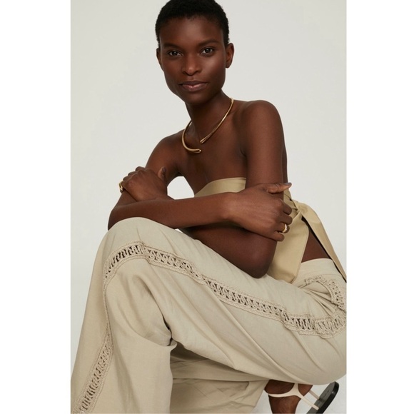 JONATHAN SIMKHAI Khaki Sage Linen High Rise Wide Leg Crochet Trim Trousers 10 - Picture 4 of 11